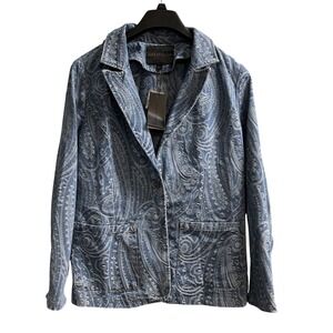 Solitaire Denim Jacket Womens M Blue Embossed‎ Paisley Boho Western Blazer Artsy